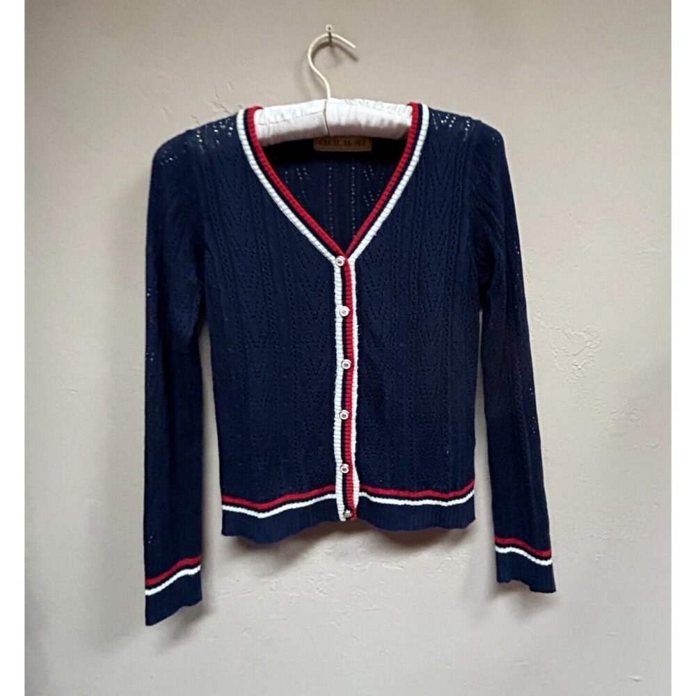 Cecil McBee Womens Cardigan Sweater Button Front Perforated Knit Blue Medium